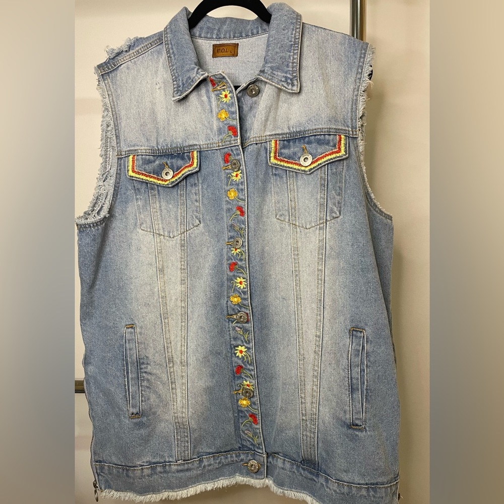 Distressed denim embroidered vest